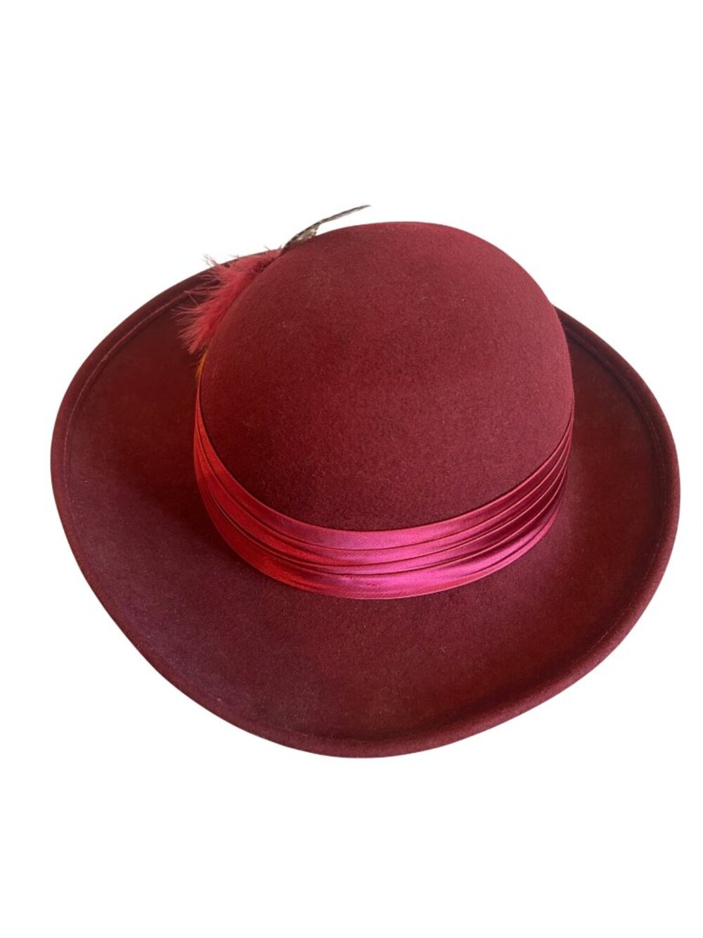 Vintage Geo W Bollman Burgundy Wool Hat With Satin Ribbon & Feather Accent - Picture 9 of 16